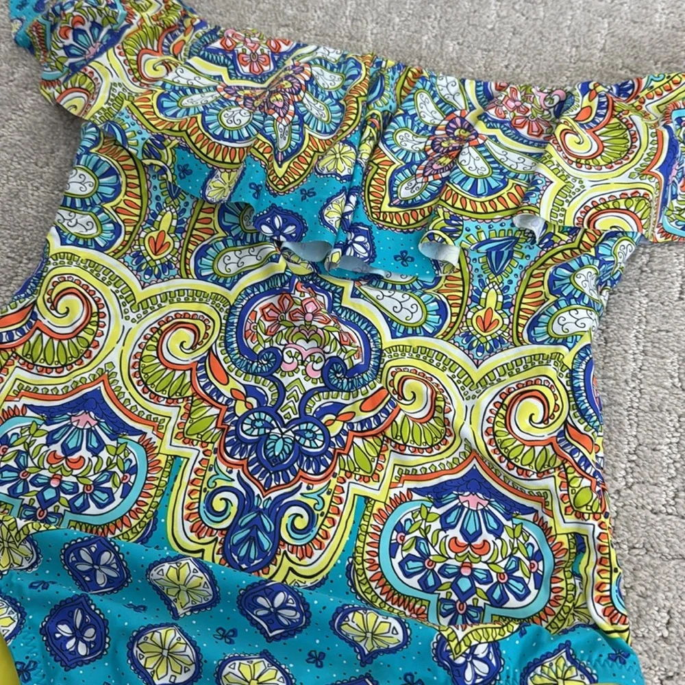 Trina Turk Corsica Off the Shoulder One Piece Swim suit blue green paisley